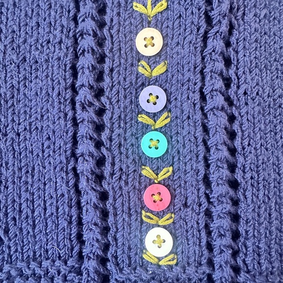 Artisan Handmade Navy Blue Knit Vest with Multicolor Buttons & Floral Details - Picture 5 of 5